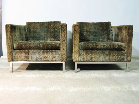 PAIR MCM Dux Swedish High Style Contemporary Armchairs; Jack Larsen Fabric; 1970 Cover