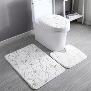 Marble Bathroom Rugs and Mats Set 3 Piece Nonslip White Gold Bathroom Mats So... - Picture 1 of 6