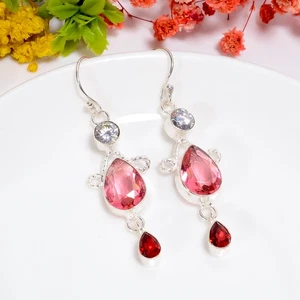 Tourmaline Zircon Gemstone Handmade 925 Sterling Silver Earrings 2.3" O551 - Picture 1 of 5