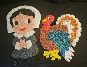 VTG Thanksgiving Melted Popcorn Plastic Pilgrim Lass & Turkey Fall Wall Decor - Picture 1 of 7