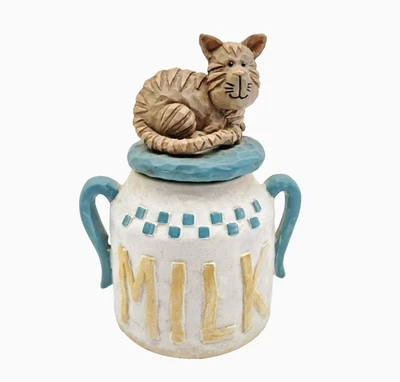 Folk Art Tabby Cat Ceramic Jar Candle Milk Jug with Lid Whimsical Cottagecore - Image 1 of 4