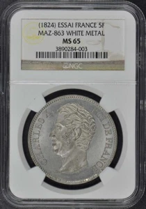 1824 ESSAI FRANCE 5F Maz-863 NGC MS65 White Metal - Picture 1 of 3