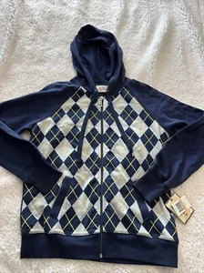 NWT Vintage Cotton Argyle Zip Up Blue Hoodie Size Small - Picture 1 of 5