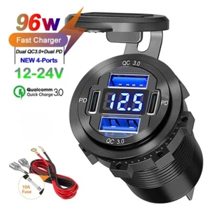 USB Car Charger Dual QC3.0+ PD Port With Voltmeter Outlet Socket for 12V Boat RV - Picture 1 of 14