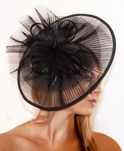 Fascinator Hat Lg Blk Round Pleated Organza Kentucky Derby Hat W/ Feathers   - Photo 1 sur 1