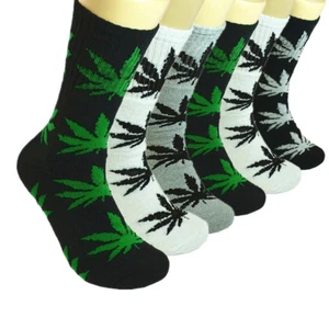 6 Pairs For Mens Sports Leaf Weed Marijuana Crew Cotton Long Socks Size 10-13 - Picture 1 of 6