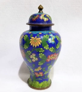 Beautiful Antique CHINA stamped 8" tall Royal Blue Cloisonne Covered Jar or Urn - Picture 1 of 10