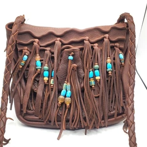Bolso de Hombro de Cuero Marrón Suave Cartera con Flecos Boho Western Bolso de Mano Turquesa SW - Imagen 1 de 13