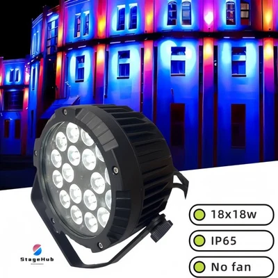 IP65 Waterproof LED Flat Par Light 18x18W RGBWA+UV Outdoor DMX512 Stage DJ Party - Image 1 of 4