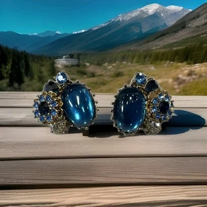 Vintage Rare 1950's Miriam Haskell NY Cobalt Blue Rhinestones Clip On Earrings  - Picture 1 of 13