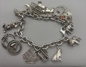 Sterling Silver 925 Link Bracelet 14 Charms Mickey Disney San Diego & More 59g - Picture 1 of 16