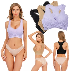Women Seamless Cross Front Side Buckle Lace Sleep Bra Padded Wireless Yoga Vest - Picture 1 of 15