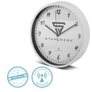 STAHLWERK Wanduhr 30 cm Werkstattuhr Aluminium Funkuhr Bürouhr Küchenuhr weiß - Bild 1 von 9
