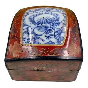 Chinesische Rotlack Holz Schmuckschatulle blau weiß Porzellan Intarsien - VINTAGE - Bild 1 von 17