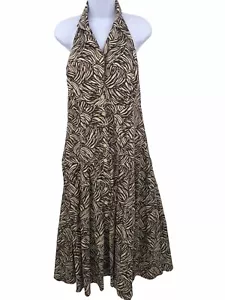 Madison Leigh Maxi Halter Dress Womens Size 16 Brown Abstract Print Button Front - Picture 1 of 9