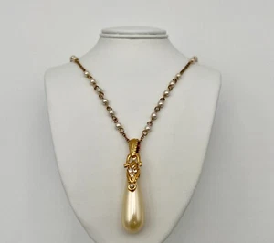 Nolan Miller Gold Tone Faux Baroque Pearl Rhinestone Pendant Necklace 31" Signed - Picture 1 of 4