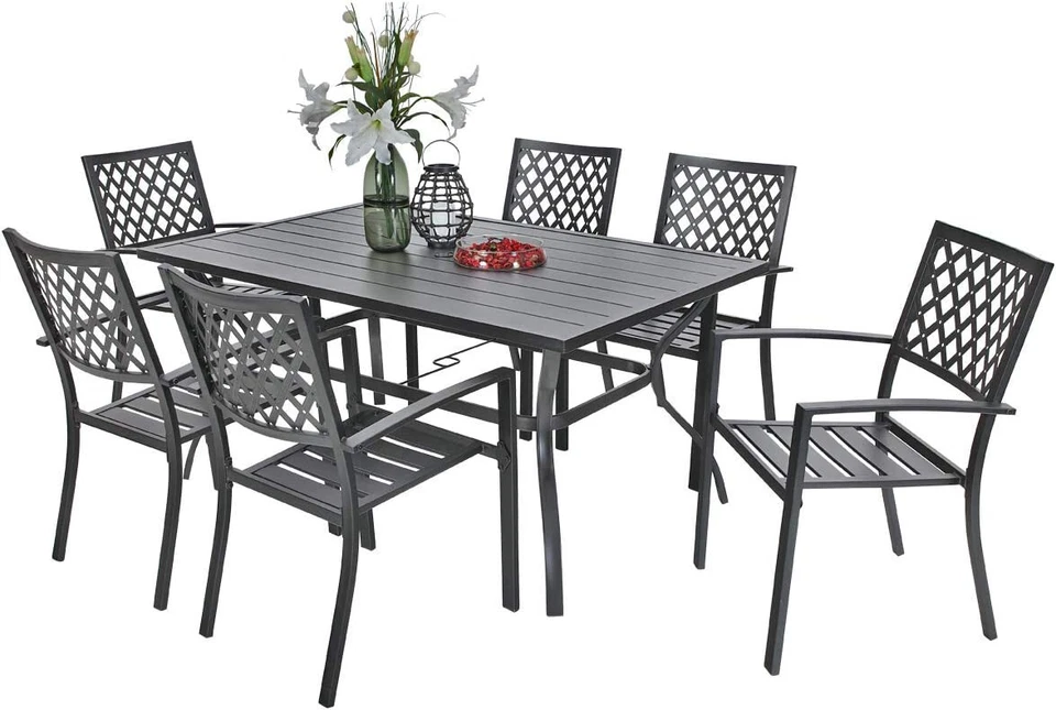PHI VILLA 7PCS Outdoor Dining Set Patio Metal Table & Chairs Set W/Umbrella Hole