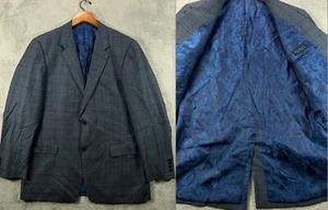TURNBURY Mens 100% Wool Blazer 44L Blue Windowpane 2 Button Suit Jacket Coat - Picture 1 of 18