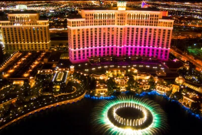 Bellagio Fountain and Hotel Illuminated Aerial Photo Art Print Poster 18x12 - Image 1 of 3