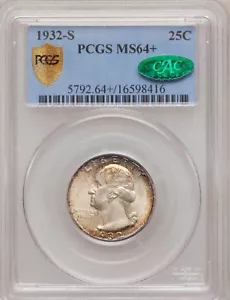 1932-S 25C PCGS MS64+ CAC Washington Quarter Rainbow Toning 16598416 - Picture 1 of 2