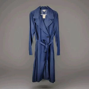 On 34th Indigo Blue Belted Button Up Chic Lyocell Long Trench Coat Women's XL - Picture 1 of 13
