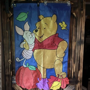 Vintage Disney Winnie The Pooh & Piglet Garden Flag Pumpkin &leaves FALL 27x42” - Picture 1 of 6