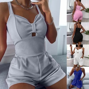 Dame Sommer Urlaub Playsuit Jumpsuit Overall Freizeit Ärmellos Romper Unifarben - Bild 1 von 16