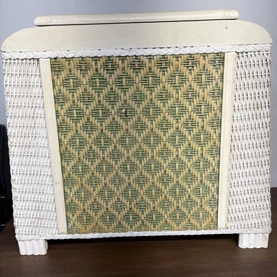 Vintage Wicker & White Wood 18” Clothes Hamper - Image 1 of 4