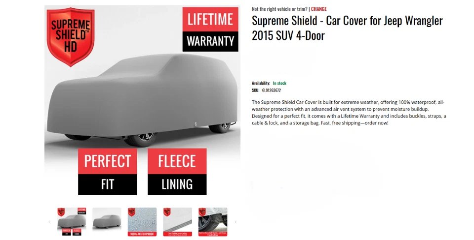 Supreme Shield 2007-2018 - Cubierta de auto para Jeep Wrangler SUV 4 puertas Foto 1 de 1