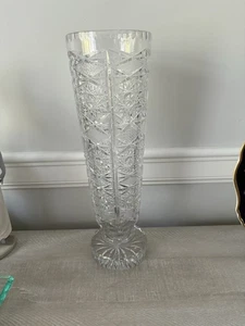 VINTAGE BOHEMIAN CUT TO CLEAR CZECH. CRYSTAL HAND CUT HEAVY TALL VASE 15” - Picture 1 of 11