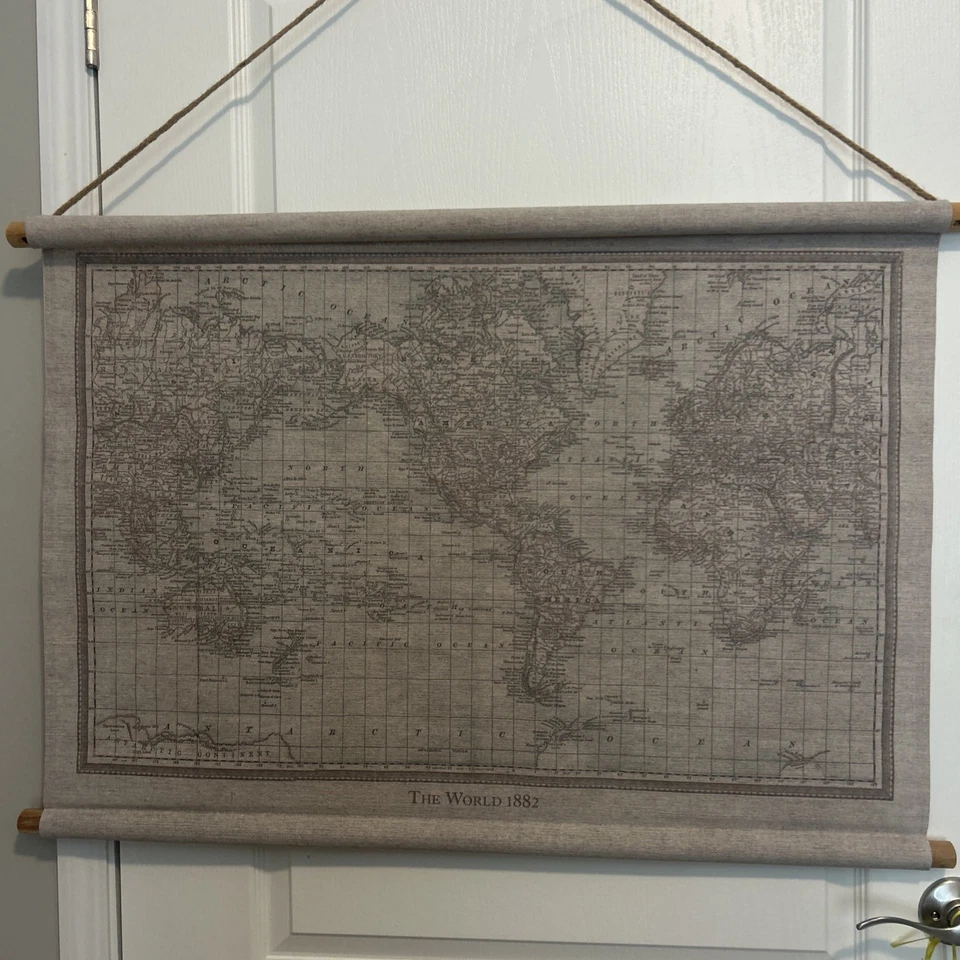 VTG? The  World 1882 Map Linen Tapestry Wall Decor Approx 24x34 Rope And Dowels - Image 1 of 4