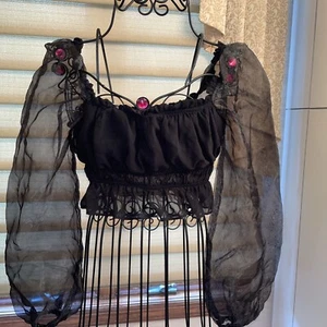 Women’s Blue Blush Made With Love Black Midriff Blouse With Sheer Sleeves Size S - Picture 1 of 10