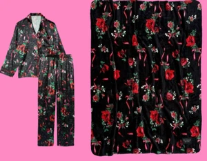 3pc VICTORIA'S SECRET Satin Long Pajama Set&Blanket Floral Rose Black S, M NWT - Picture 1 of 7