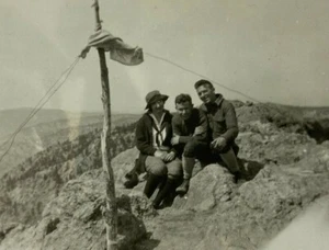 Woman & Two Men Sitting At Top Of Mountain B&W Photograph 2.5 x 3.5 - Picture 1 of 3