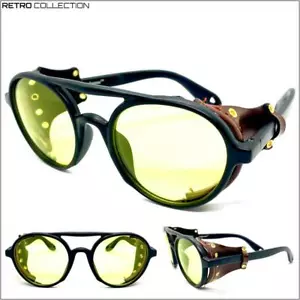 Men's RETRO STEAMPUNK Cyber SUNGLASSES Goggles Round Black Frame Leather Blinder - Picture 1 of 8