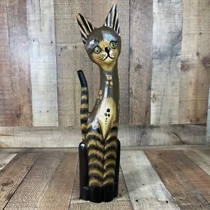 Hand Painted 20 inch wooden cat wall decor greens and browns. EUC - Picture 1 of 12