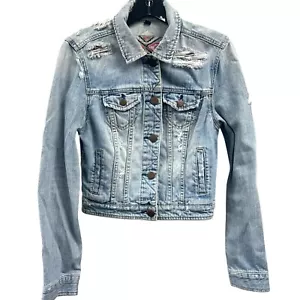 American Eagle Damen Gr. M Distressed Denim Jeansjacke Azteken Stickerei - Bild 1 von 9