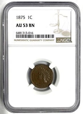 1875 Indian Head Cent, AU53 BN NGC (8163) - Image 1 of 3