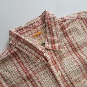 Timberland Red Tan White Plaid Short Sleeve Button Up Casual Shirt Men's M - Picture 1 of 7