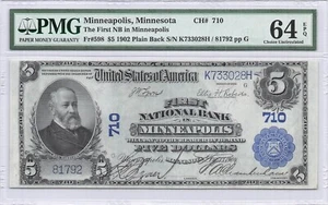 First National Bank Minneapolis, MN $5 1902 Plain Back PMG 64 EPQ EPQ CH 710 - Picture 1 of 2