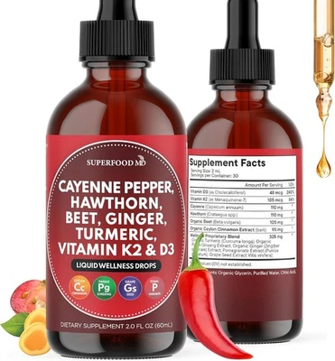 Gotas líquidas de cayena + baya de espino, D3, K2, raíz de remolacha, Ceilán y más - 2 oz. Foto 1 de 4