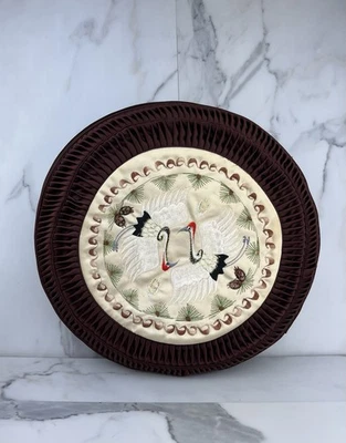 Embroidery Korean Folk Art Hanbok Style Round Throw Pillow Birds Silk Zipper - Image 1 of 4