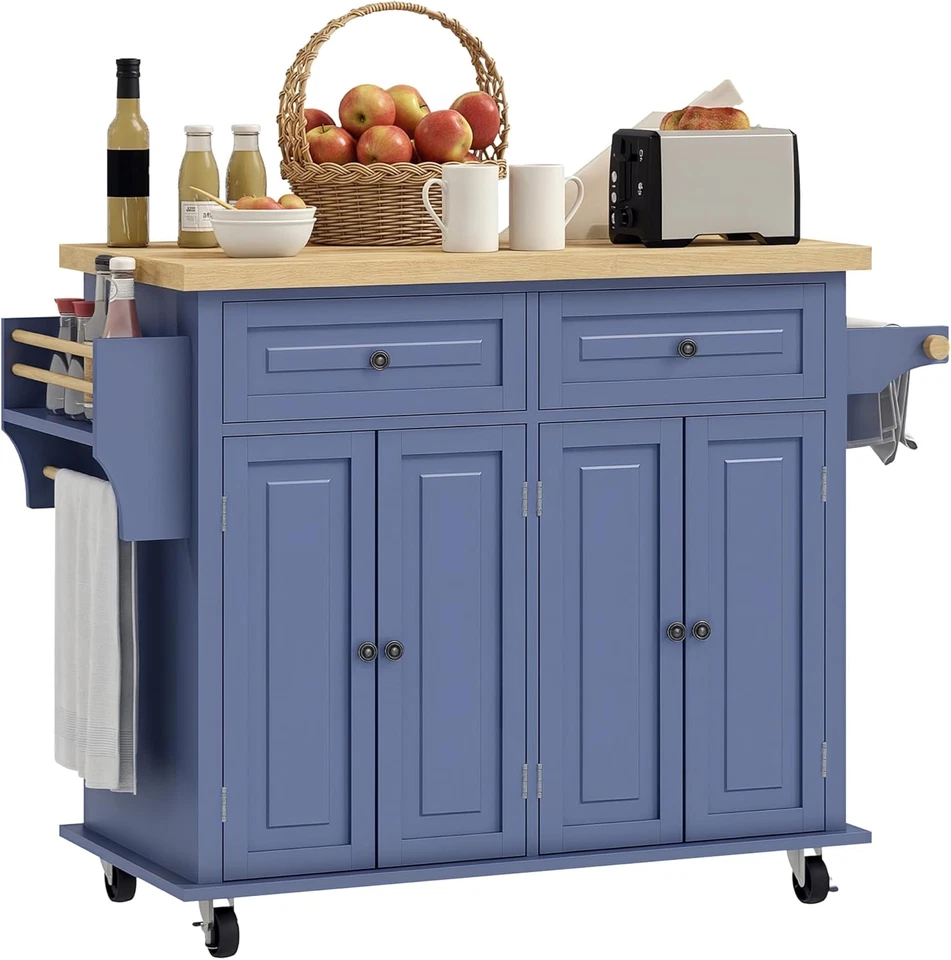 Kitchen Island Cart with Rubber Wood Top, Rolling Kitchen Island Table on Wheels - Image 1 of 4