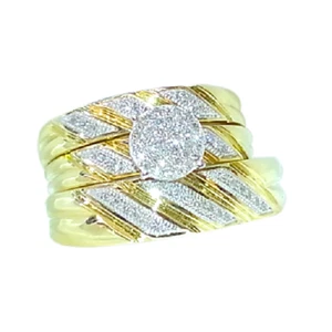 Diamond Wedding His & Her Lab-Created Band Trio Ring Set 14K Yellow Gold Plated - Picture 1 of 4