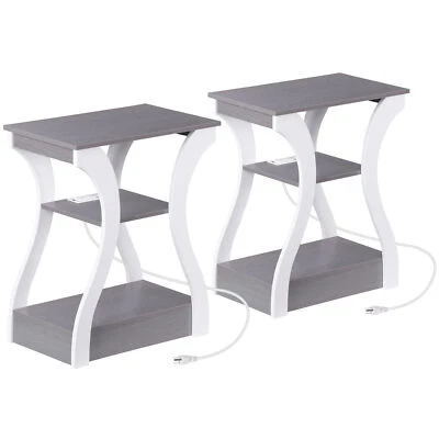 2X 3 Tier End Table Side Table w/ Outlets & USB Ports Storage Beside Table Gray - Image 1 of 4