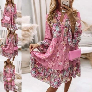 Mujeres Boho Suelto Túnica Estampado Vestido Damas Cuello en V Playa Suelto Vestido Caftán NUEVO - Imagen 1 de 11