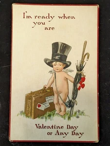 Tuck's Antique Postcard Valentine Mischievous Cupids Unposted Top Hat Suit Case  - Picture 1 of 4