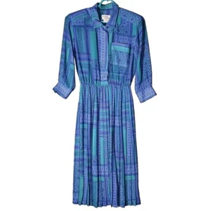 80er Vintage Lady Carol Plissee Shirt Kleid Größe 12 Retro Geometrischer Druck Unikat - Bild 1 von 17