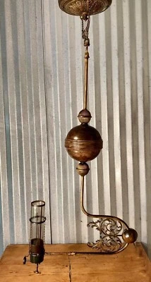 Редкая антикварная гравитационная газовая подвесная лампа Oddfellows латунь выдвижная коллекционная - Изображение 1 из 4