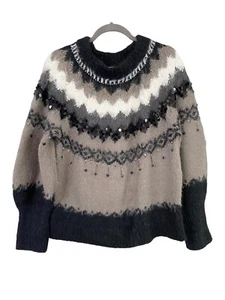 Anthropolgie Sleeping On Snow Fair Isle Beaded Sweater M Wool blend taupe black - Picture 1 of 10